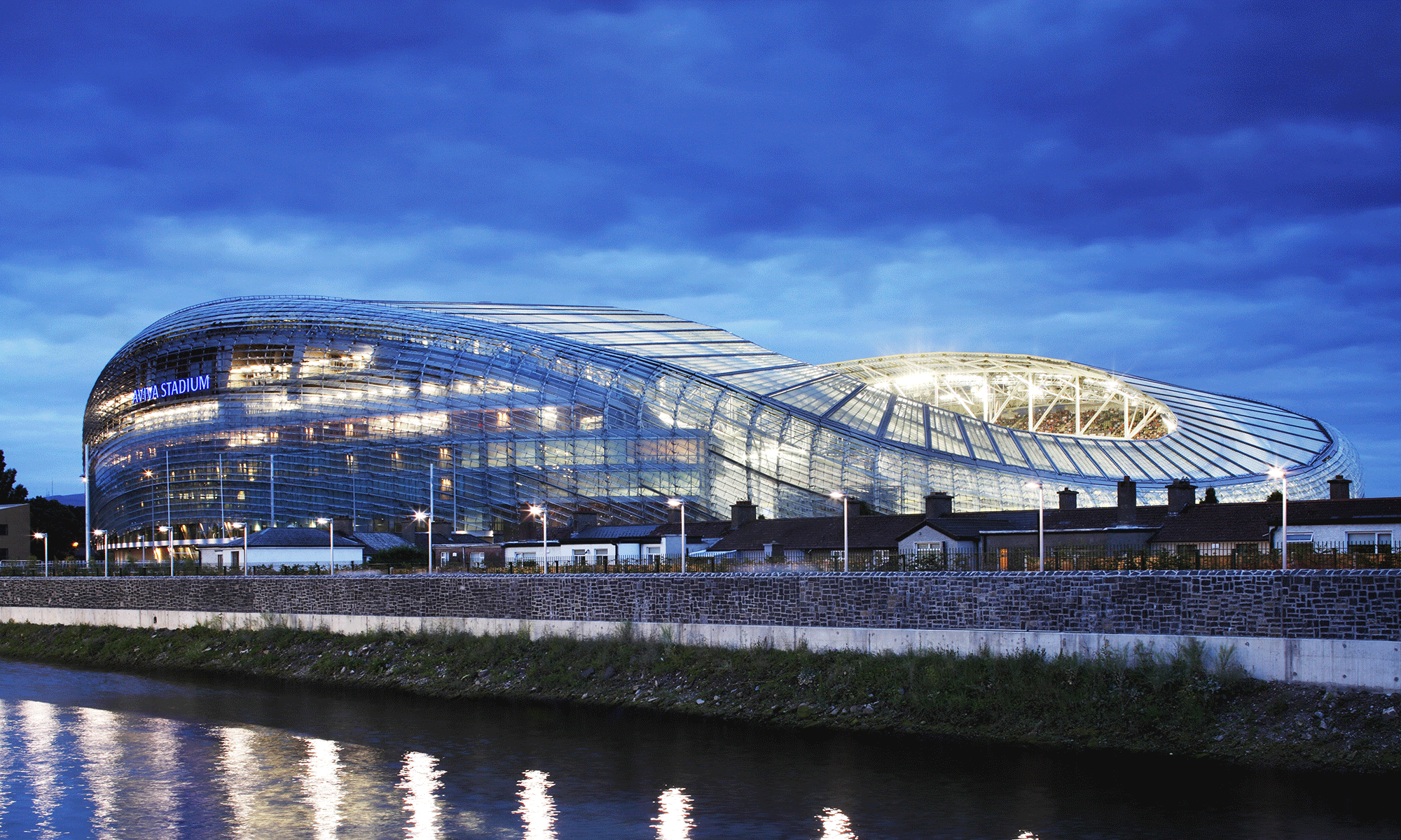 Aviva Stadium, Dublin, night photograph from the river Liffey.