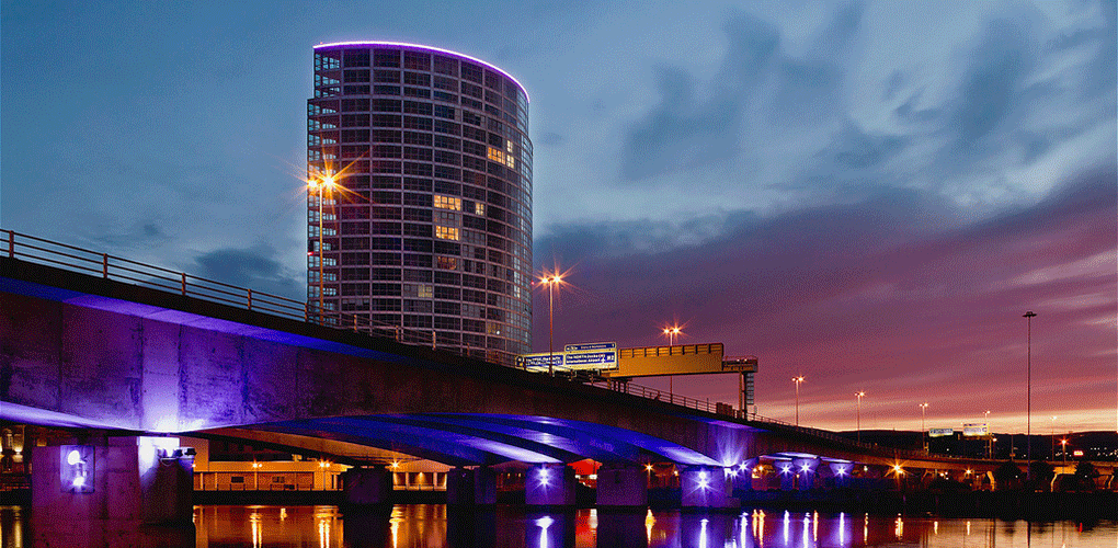 Obel Building Belfast at dusk. Obel Building Belfast at dusk.