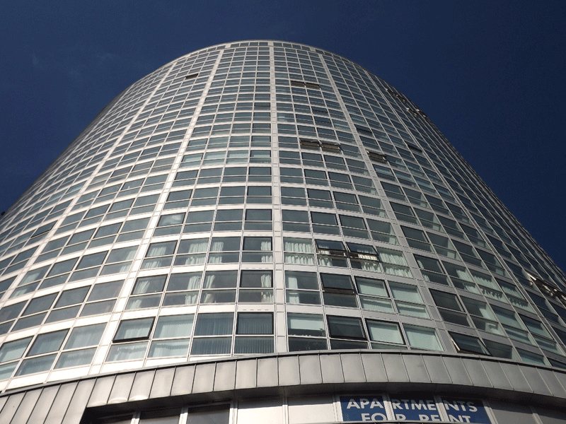 Obel apartment building, Belfast, from the ground looking skywards.